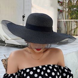 Zon -hoeden voor vrouwen meisjes wijd rand floppy straw hoed zomer Bohemia strand kap lint Chapeau Black 240423