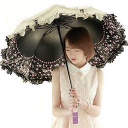 Sun Lace Paraplu Rain Women Sunscreen Koreaanse drie vouwen paraplu uv heldere prinses winddichte decoratie ombrello cadeau SY259 201119