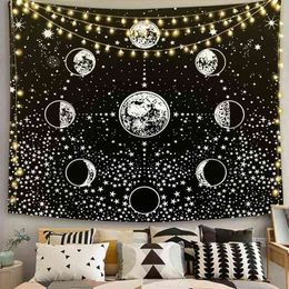 Soleil lune tapis tenture murale étoiles espace psychédélique noir et blanc tissu pour chambre décor à la maison J220804