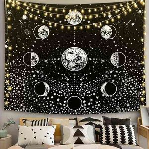 Sol Luna Alfombra Colgante de pared Estrellas Espacio Psicodélico Paño blanco y negro para el dormitorio Decoración para el hogar J220804