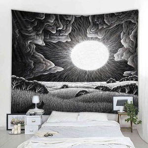 Soleil lune Mandala bohème tapisserie maison fond décoratif noir et blanc paysage Illustration J220804