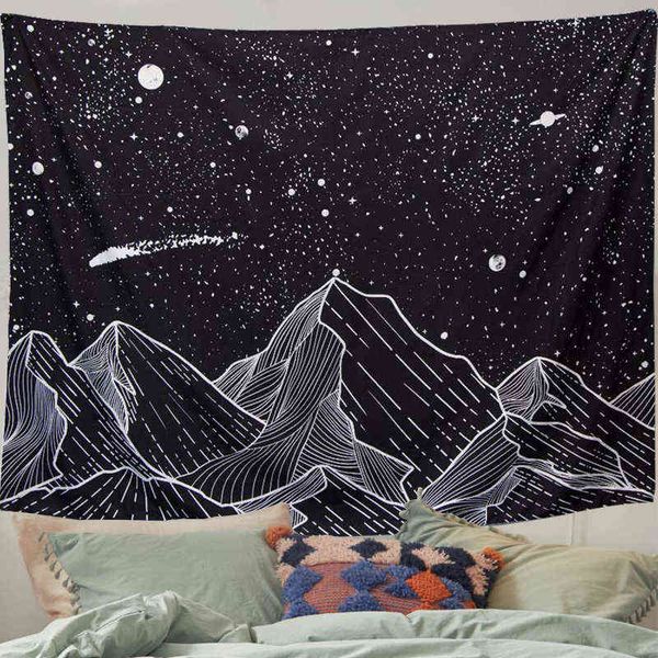 Sun Moon Mountain Tapiz Colgante de pared Negro Blanco Brujería antigua Hippie cielo estrellado Sala de estar Hogar Dormitorio Decoración J220804