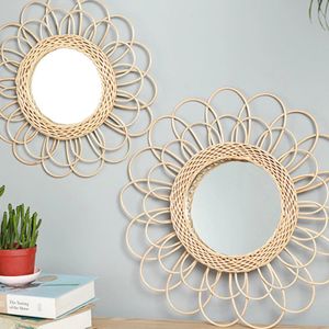 Zonvorm Decoratieve spiegel rattan innovatieve kunstdecoratie ronde make -up spiegel dressing badkamer muur hangende spiegel 240417