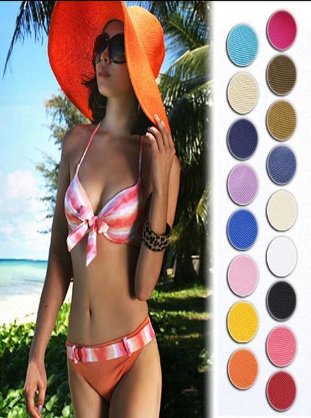 Chapeau de plage en paille de soleil pour femmes, grande casquette pliable à large bord, Panama, 17 couleurs, EEA708569758