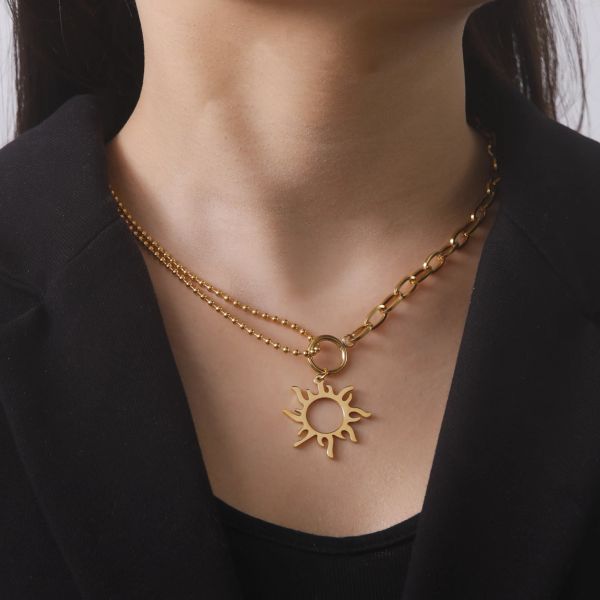 Collar con colgante de tótem solar para mujer, gargantilla de cadena con cuentas de Color oro amarillo de 14k, joyería Punk de verano, regalo de cumpleaños, nuevo en