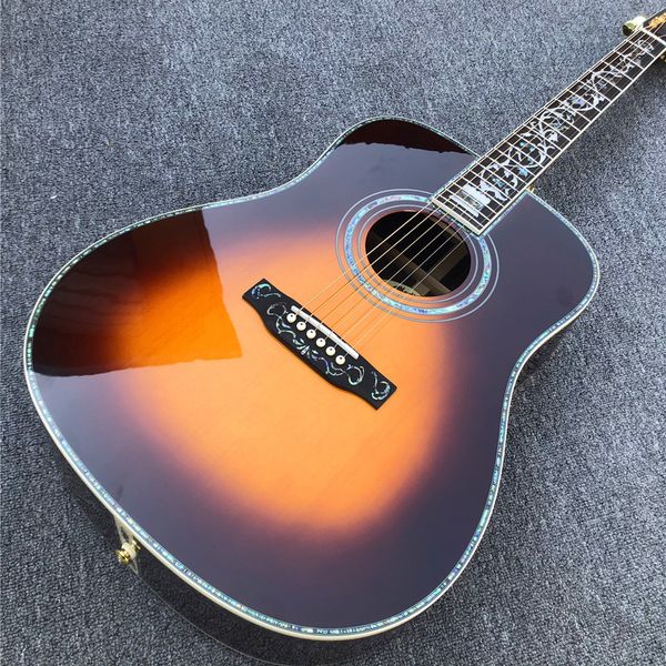 Sunburst – guitare acoustique de Style D, table en épicéa massif, incrustations d'arbre de vie en ormeau, touche en ébène, corps en palissandre