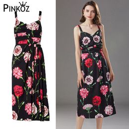 Robe d'été maxi robe florale froncée col en v sexy fête noir imprimé fleur dîner robes de plage vêtements d'été pour femmes 210421