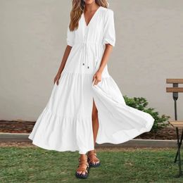 Sundresses for Women Solid Color Short Sleeve V Hals Ruches Aline Side Slit Maxi Dress 2024 Boemian Vacation 240419