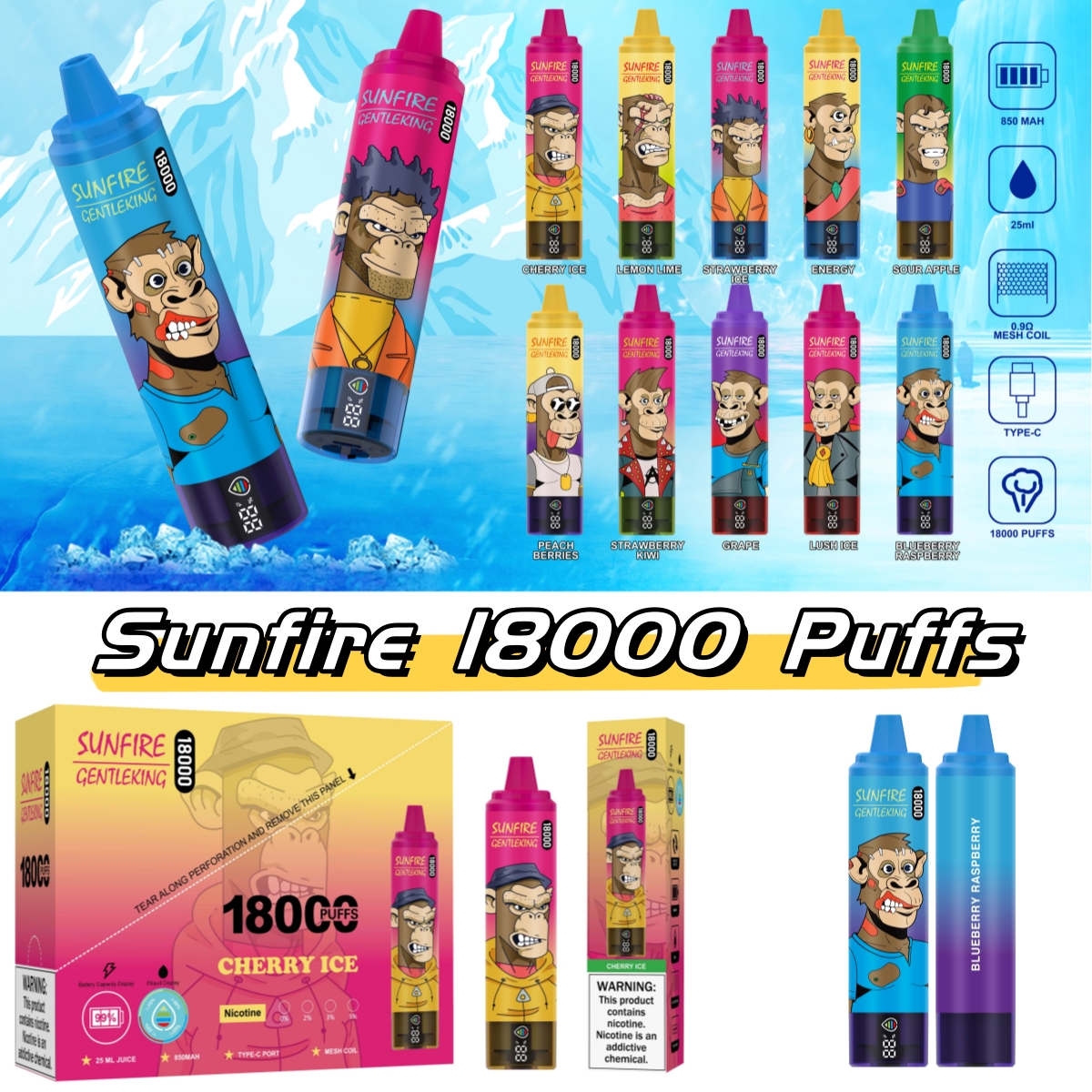 Sunfire 18000 Puff Puff 20k Puff 20000 Одноразовая затяжка 18K Vapes Pen 25 мл 18000 E Сигарета 0% 2% 3% 5%. Испаритель 850 мАч.