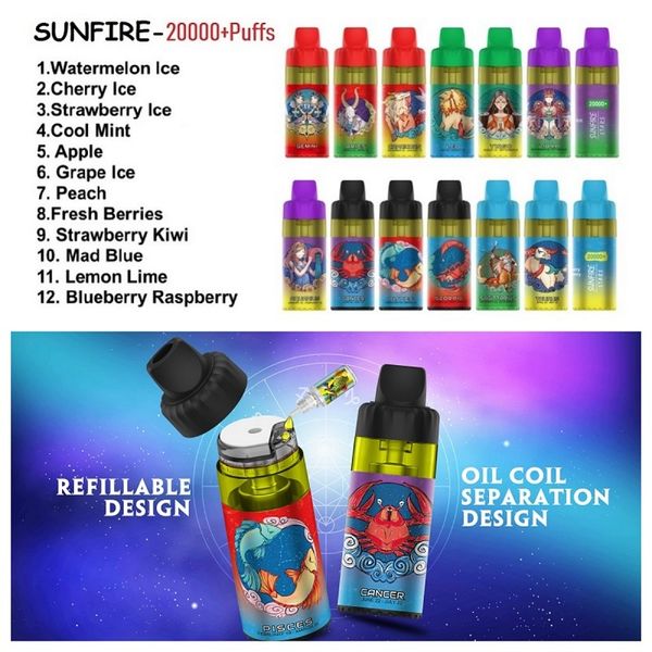 SUNFIRE 20000 30000 Système ouvert disposable Puffing 30 ml Regilable Shi Vape Pen Hobelah Sha Dispie Puff 15K 20K 30K avec conception de séparation de bobine d'huile MTL DTL VACPER POD FRANCE