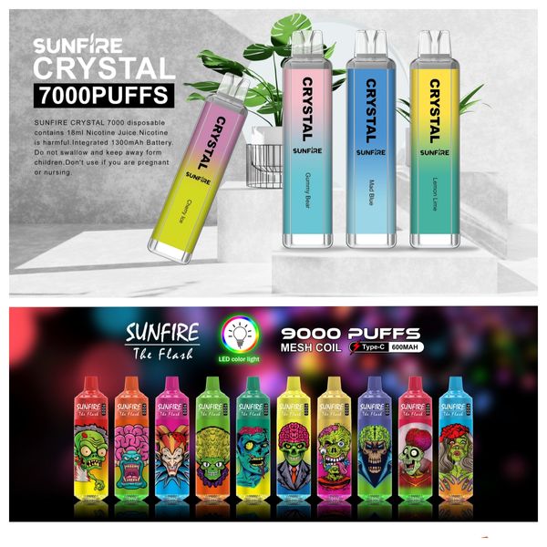 Sunfire 9000/7000 Puffs E-cigarette jetable 18 ml / 16 ml Vape 0% 2% 3% 5% Rechargeable 600mAh Battery Tornado Vape 9000 Puff 7000 Puffs Vapers Europe France Allemagne