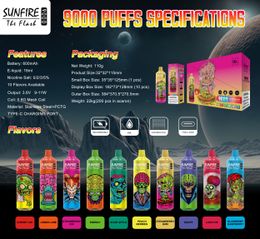 Sunfire 9000 Puffs Disposable E Cigarettes Disque de vape Pod 600mAh Batterie 18ML Stick Cartridge préfabillé VS Puff 12000 9000 9K 12K 7000 8500 10000 6000 King Elf 5000