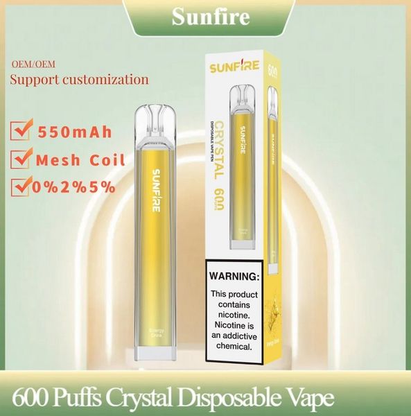 Sunfire Crystal S600 Puffs Disposable E Cigarette Vape Vape Wholesale Electronic Cigarette 600 1500 5000 Puff Pod OEM ODM Service 2% 3% 5% en stock E-cigarette Factory Supply