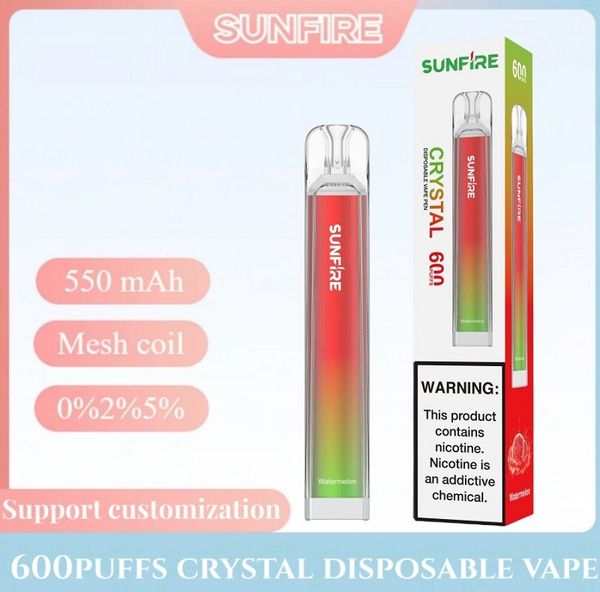 Sunfire Crystal S600 Puffs Disposable E Prix d'usine de cigarette OEM OEM GROS GROS DIPOSIBLE VAPE Cigarette électronique 600 Puffes Poux de vaporisation de vaporisateur personnalisé