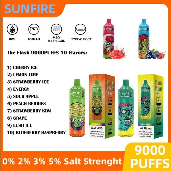 Sunfire jetable Vape Pen E Cigarettes dispositif 9000 bouffées Type-C batterie rechargeable 18 ml chariots cartouche préremplie 9K bouffée 8K Tornado Vape vapeur saveur de pomme aigre