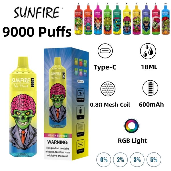 Tornado Sunfire d'origine 9000 Puff Dernibles E cigarettes E Cigarettes 0,8 ohm Mesh 18 ml Pod Batterie Cigs Rechargeable Puff 9k 0% 2% 3% 5% PEN VAPE 20 SAVOR