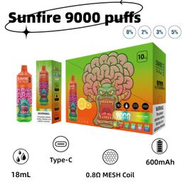 Sunfire mesh spiraal kleur rgb licht 10 smaken 9000 10000 puffs ecig batterij oplaadbare e-sigaret waterpijp pen