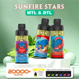 Sunfire Nieuwe originele bladerdeeg 20000 Weggooide vape balk 15000 Puff 15k 20K Puff Vaper 12ml voorgevulde podvampen Device 5% 2% 0% 12 smaken E Sigaret 6 RGB Lichten Big Vapor Pen