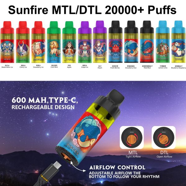Sunfire Stars 20000 Puffs Refipillable Vape Disposable Vape 12000 15000 Puffs Tornado E Cigarette 30ml Pantes préfabillé