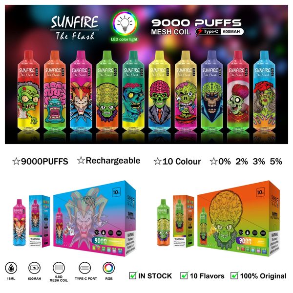 Sunfire Tornado 9000 Vapes Pods Vaper Deechables Mesh Coil RGB Puff 12k 10k 9k 7k Tornado 7000 9000 10000 12000 Vapeur Smoke Fumer une fois Big Bang Vape Puff Barres