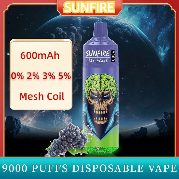 Sunfire Vape 9000 18 ml avec stylo vape jetable pré-rempli à 5 % de force, grande capacité jusqu'à 9 000 bouffées, dispositif de vape rechargeable avec des goûts uniques et un design élégant