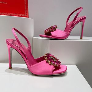 Zonnebloem Kristallen Verfraaid strass Hakken sandalen Rene Caovilla Cleo 95mm Ontwerpers schoenen dames Naaldhak Slingback sandaal feestavond schoenen Met doos