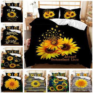 Zonnebloem dekbedoverdeksel Set gele bloemen beddengoedpatroon botanische bloementuin bloei print op zwarte quilt