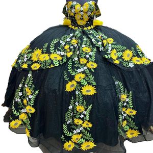 Robes de Quinceanera à fleurs de tournesol 2023, grande taille, robe de bal, mascarade, princesse fille, paillettes, longue, doux 16, bal de promo pour 15 ans, épaules dénudées, coing 15 noir/jaune