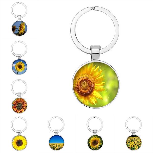 LLavero de girasol con imagen de flor redonda colorida, llavero para coche, bolso, llavero de Metal, regalo para mujer, niña, mujer y hombre