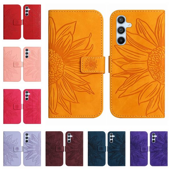 Étuis portefeuille en cuir de tournesol pour Samsung S24 A15 A05 A05S S23 FE Ultra Plus A24 4G M14 F14 A25 M34 5G Huawei Honor 90 Lite Flower ID Card Slot Holder Flip Cover Pouch