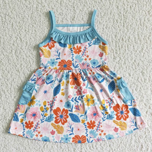 Vestido de giras de giras de diseño de diseñadores de estampado de girasol para niñas para bebés tirantes de seda de leche al por mayor