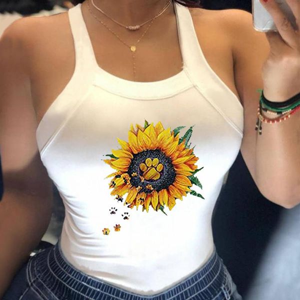 Tournesol imprimé épaule dénudée licou T-shirt surdimensionné femme haut blanc T-shirts femmes 2021 grande taille hauts été T-shirt tunique femmes