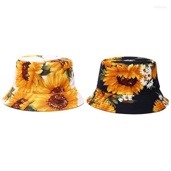 Sombrero de pescador con estampado de girasol para mujer, sombrilla de doble cara elegante, sombreros de cubo con parte superior plana, protector solar para exteriores, gorro de lavabo para mujer, ala ancha Elob22