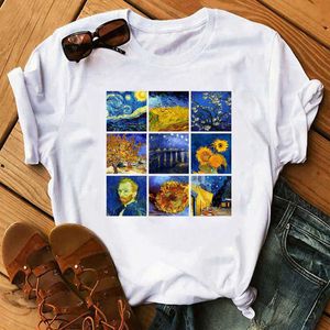 Zonnebloem Gedrukt Tshirt Van Gogh Art Tee Shirts Mode Vrouwen Tops Tee Harajuku T-shirts Vrouwelijke T-stukkleren Camiseta Femina X0527