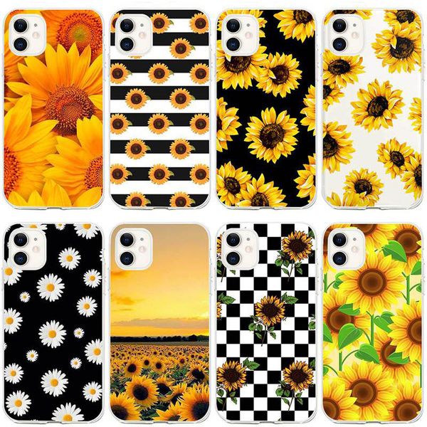 Étuis TPU souples de tournesol pour iPhone 15 14 Pro Max 13 12 11 XR XS X 8 7 Plus 6 6S Mode Sun Flower Floral Print Élégant Noir Jaune Clair Smart Phone Couverture arrière Coque