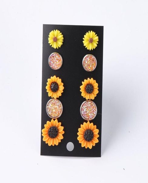 Conjunto de aretes de girasol Conjuntos de aretes Druzy de moda Aretes de Gypsophila de flor de resina de girasol brillante para mujeres Joyería linda para niñas 5 pares7878336