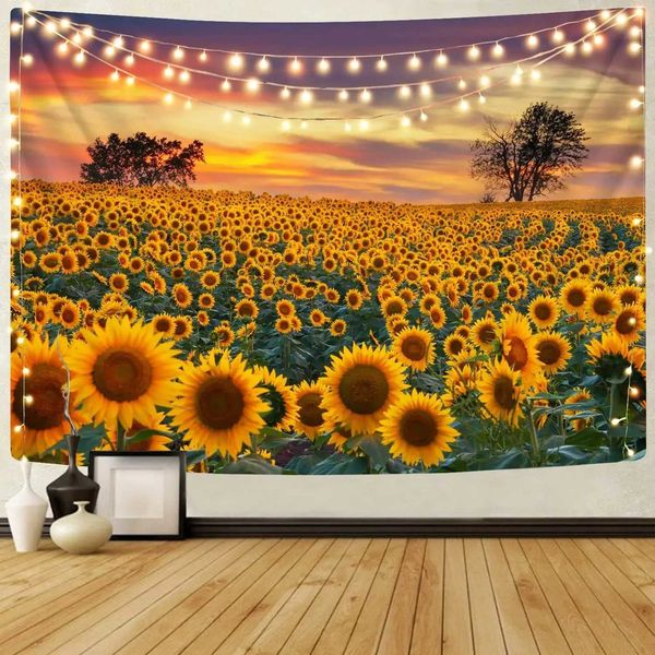 Tapiz de sol de sol tapiz de sol tapices de campo de sol gimnasio planta floral tapiz de flores amarillas para la sala de estar de la sala de estar cortina colgante R0411