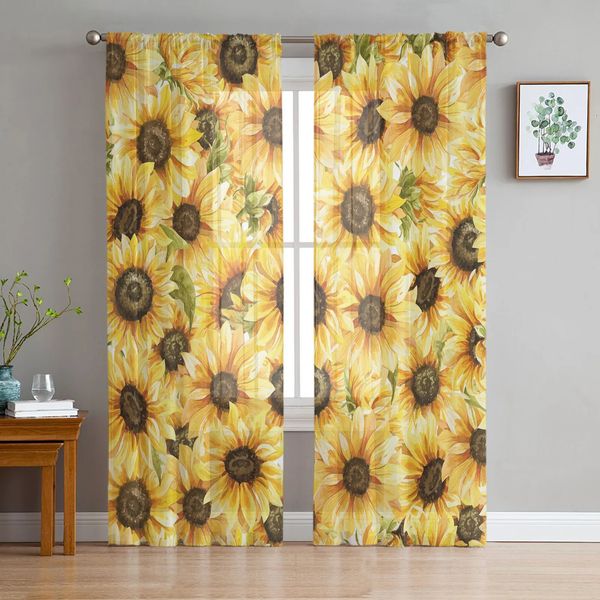 Cortinas de tul con flores de acuarela de girasol para decoración de sala de estar y dormitorio, cortina transparente de gasa transparente para ventana 240109