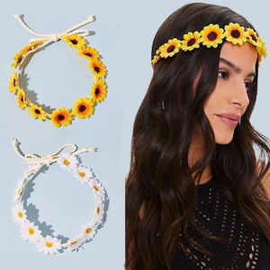 Corona de girasol, diadema de cuerda de paja trenzada de crisantemo, diadema de margaritas, corona de flores bohemias, accesorios para el cabello Hawaii