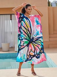 Sunforyou Caftan Vestido para mujeres Traje de baño con estampado de mariposa encubrimiento liviano Boho Robetunic Beach Loungewear