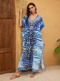 Robes de Kaftan Sunforyou pour femmes imprimées bleues caftans plus taille légère de maillot de bain doux couvrent la plage de vêtements de lounge