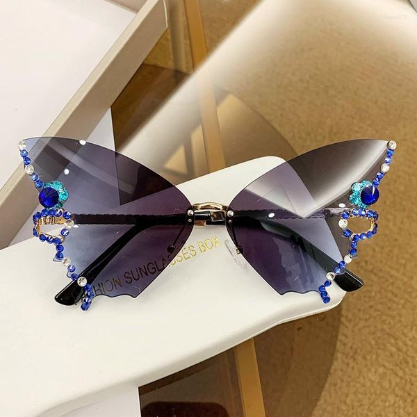 Gafas de sol 2023 lujo diamante mariposa mujer marca Y2k Retro sin marco gafas de mujer de gran tamaño