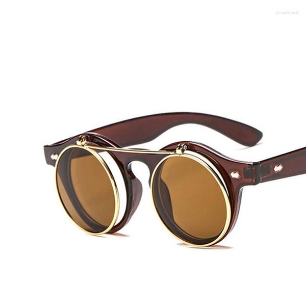 Gafas de sol 2023 Vintage redondas SteamPunk Flip Up Classic doble capa Clamshell diseño moda gafas de sol