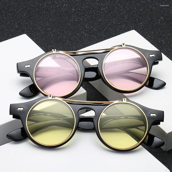 Lunettes de soleil 2024 Fashion Vintage Round Steampunk Flip Up Up Classic Double Caler Clamhell Design Sun Glasses avec boîte