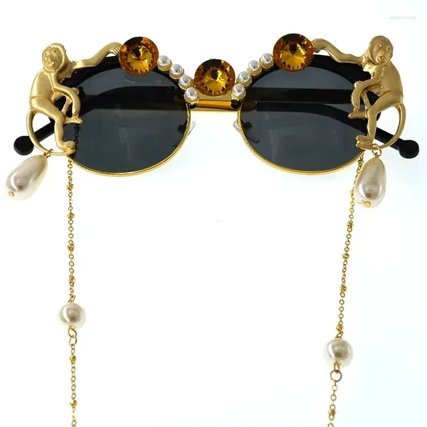 Lunettes de soleil 2024 Lady Gold Monkey Baroque Marque Métal Rétro Léopard Cadre Plage Chaîne Perle Ronde Lunettes de Soleil Pour Femmes