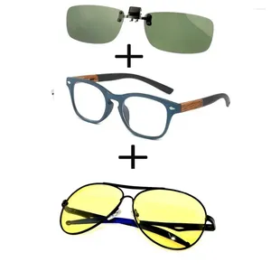 Gafas de sol 3 uds!!! Cómodas gafas de lectura cuadradas de madera para hombres y mujeres, lentes amarillas, Clip piloto de visión nocturna