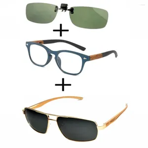 Lunettes de soleil 3 pièces!!! Lunettes de lecture carrées en bois confortables pour hommes et femmes, pilote en métal de luxe, Double pont Clip