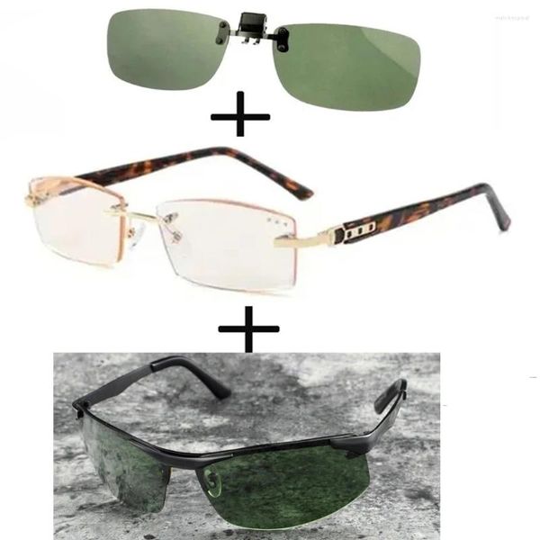 Gafas de sol 3 uds!!! Gafas de lectura de titanio para caballero con corte de diamante, polarizadas, ultraligeras, con clip piloto