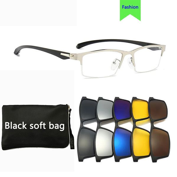 Lunettes de soleil 5 en 1 rectangle aimant lunettes de soleil hommes polarisées clip sur lunettes pour hommes demi-monture en métal mâle 0 dioptrie optique lunettes myopes 230825