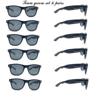 Lunettes de soleil 6 pcs/lot lunettes à thème de mariage noir marié Bestman Groomsman faveurs de mariage lunettes de soleil pour Groomsman avec autocollants en métal doré